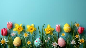 AI generated Beautiful Easter background for advertising with daffodils, tulips and colorful Easter eggs. photo