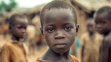 ai generado varios pobre africano Niños en un pobre africano pueblo foto