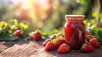 AI generated jar with raspberry jam stands on a wooden table next to it photo