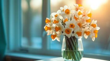 AI generated Bouquet of Daffodils in a glass vase on a minimalistic bright background photo