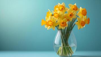 AI generated Bouquet of Daffodils in a glass vase on a minimalistic bright background photo