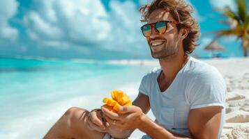 ai generado joven hermoso hombre comiendo rebanado mango mientras sentado en el playa foto