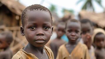 ai generado varios pobre africano Niños en un pobre africano pueblo foto