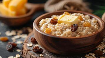 ai generado harina de avena con mantequilla y Pasas foto