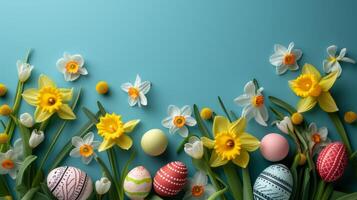 AI generated Beautiful Easter background for advertising with daffodils, tulips and colorful Easter eggs. photo