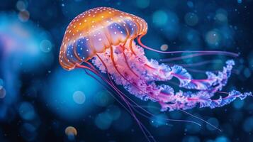 AI generated Neon jellyfish swims in blue ocean water photo