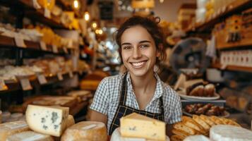 ai generado bonito joven vendedora ofrecimiento queso mientras en pie detrás Tienda contadores foto