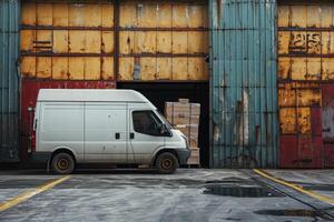 ai generado entrega camioneta, comercial entrega furgonetas con cartulina cajas, logística concepto foto