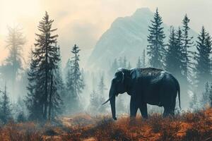 ai generado elefante en el bosque, fauna silvestre fondo, silueta elefante en el bosque foto