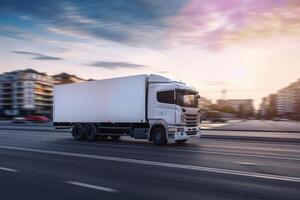 AI generated Truck with container on highway, cargo transportation concept. Fast delivery, blurred motion photo