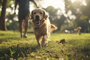 AI generated A friendly Dog happily plays fetch with its owner in a lush green park, friendship with animals photo