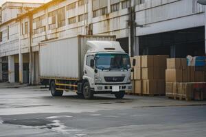 ai generado logística y transporte. blanco camión en el almacén con cajas para publicidad foto