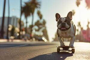 ai generado patinar perro. gracioso perro paseos patineta en el calle en verano ciudad foto