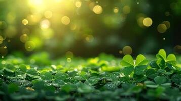AI generated Blurred magical background with green clover leaves and gold coins and large space for text photo