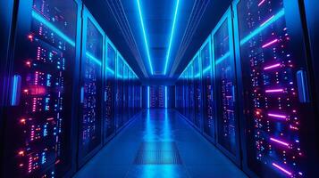 AI generated Large server room. Black and blue neon colors photo