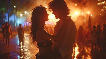 AI generated Beautiful young couple dancing at night music party on the beach photo