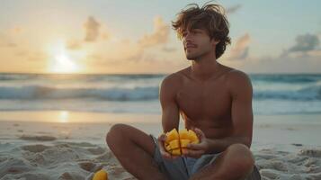 AI generated Young handsome man eating sliced mango while sitting on the beach photo