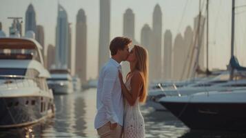 AI generated young beautiful couple kissing on the pier against the backdrop of luxury yachts photo