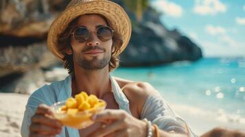 ai generado joven hermoso hombre comiendo rebanado mango mientras sentado en el playa foto