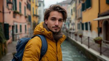 AI generated Young man looking at the camera while standing on a bridge in an old European town photo