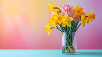 AI generated Bouquet of Daffodils in a glass vase on a minimalistic bright background photo