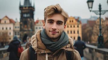 AI generated Young man looking at the camera while standing on a bridge in an old European town photo