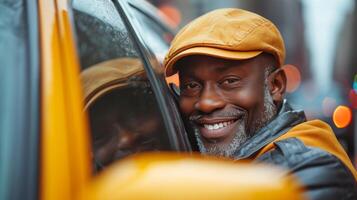 ai generado Taxi conductor sonriente y mirando a el cámara desde el ventana de su coche foto