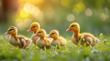 AI generated Little yellow ducklings run along the green bright grass photo