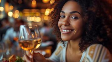 ai generado joven negro mujer Bebiendo vino en un restaurante con su amigos foto