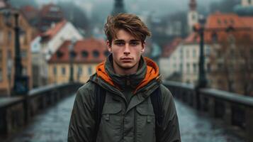 ai generado joven hombre mirando a el cámara mientras en pie en un puente en un antiguo europeo pueblo foto