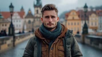 ai generado joven hombre mirando a el cámara mientras en pie en un puente en un antiguo europeo pueblo foto