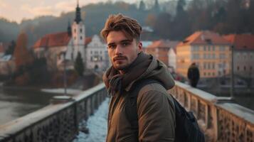 AI generated Young man looking at the camera while standing on a bridge in an old European town photo