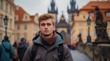 ai generado joven hombre mirando a el cámara mientras en pie en un puente en un antiguo europeo pueblo foto