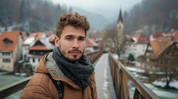 AI generated Young man looking at the camera while standing on a bridge in an old European town photo