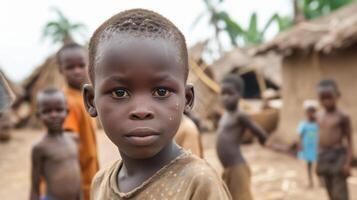 ai generado varios pobre africano Niños en un pobre africano pueblo foto