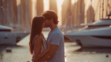 AI generated young beautiful couple kissing on the pier against the backdrop of luxury yachts photo