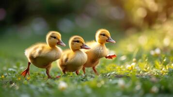 AI generated Little yellow ducklings run along the green bright grass photo