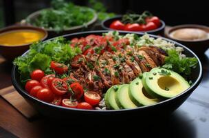 ai generado un cuenco de verde chiles, palta, verde frijoles, y zanahorias, foto