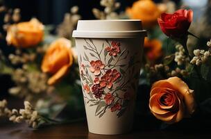 ai generado un papel taza con flores siguiente a él, foto