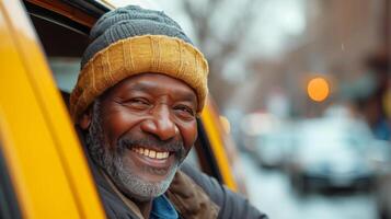 AI generated Taxi driver smiling and looking at the camera from the window of his car photo