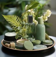 AI generated a green tray and four cosmetics with green leaves, photo