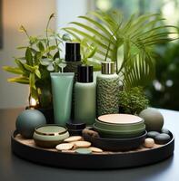 AI generated a green tray and four cosmetics with green leaves, photo