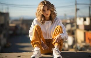 AI generated a girl, in sneakers and white sweater sitting on the asphalt, photo