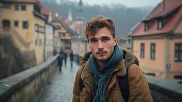 ai generado joven hombre mirando a el cámara mientras en pie en un puente en un antiguo europeo pueblo foto