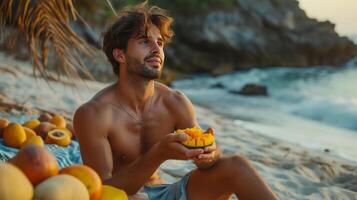 AI generated Young handsome man eating sliced mango while sitting on the beach photo