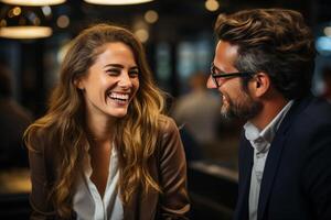 ai generado un negocio hombre y mujer Mira a papel y hablar, foto