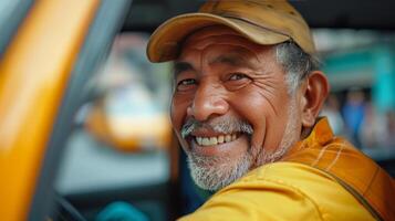 ai generado Taxi conductor sonriente y mirando a el cámara desde el ventana de su coche foto