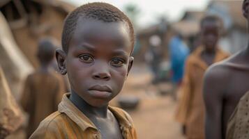 ai generado varios pobre africano Niños en un pobre africano pueblo foto