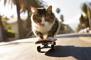 ai generado patinar gato. gracioso gato paseos patineta en el calle en verano ciudad foto