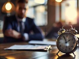 AI generated Focus on clock on table with busy young businessman in formal wear, time management concept photo